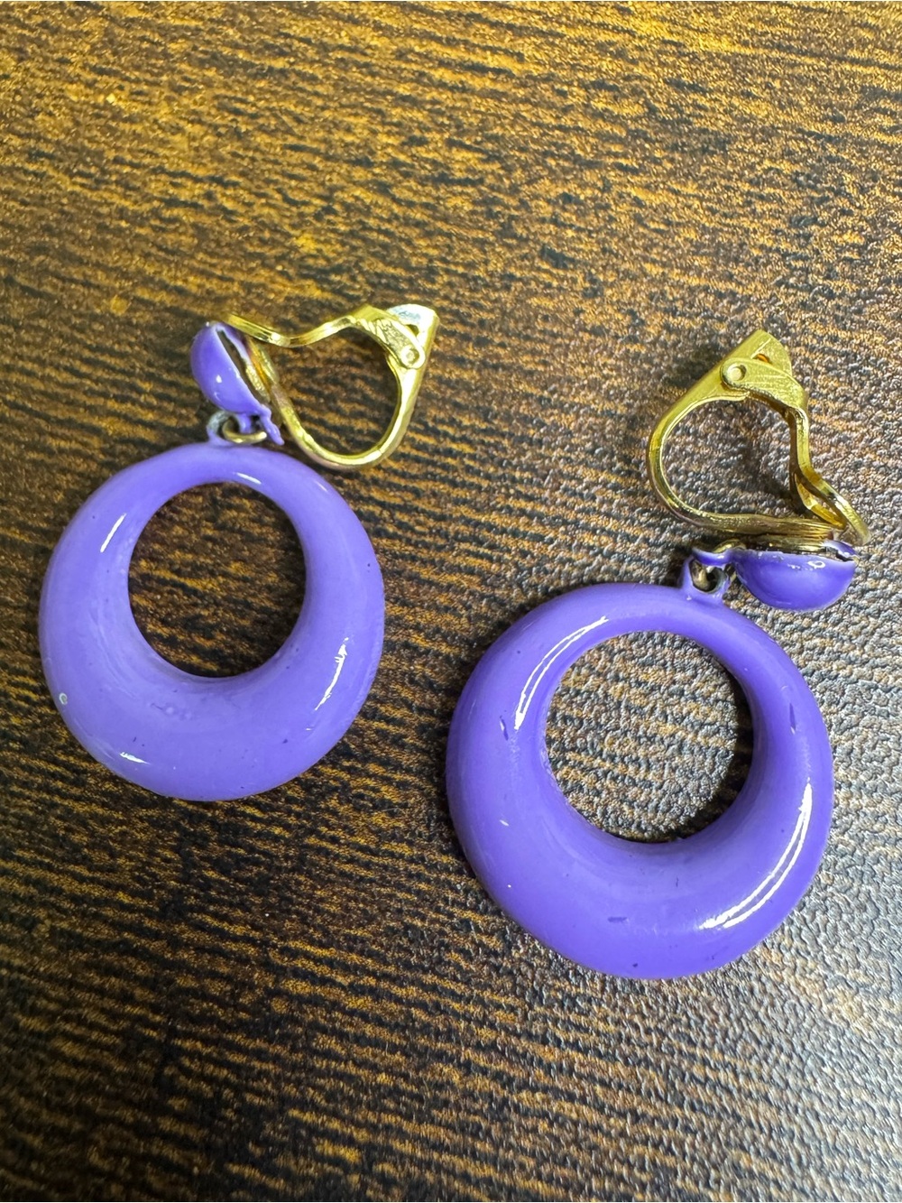 4/$20 Vintage Purple Metal Hoop Earrings with Gold Clips - Patented Clips